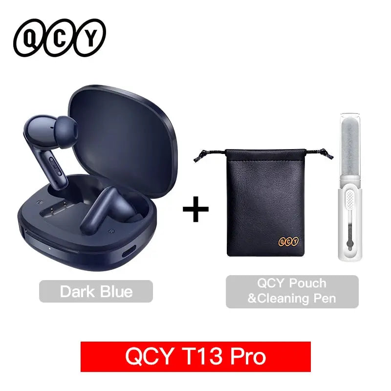 QCY T13 Pro wireless earbuds in dark blue with charging case, includes QCY pouch and cleaning pen