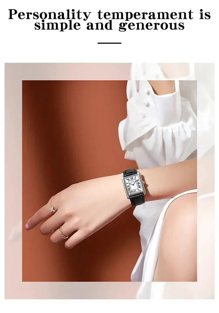 SANDA 9031/1108 luxury quartz watch with rectangular silver case and black leather strap on a woman's wrist
