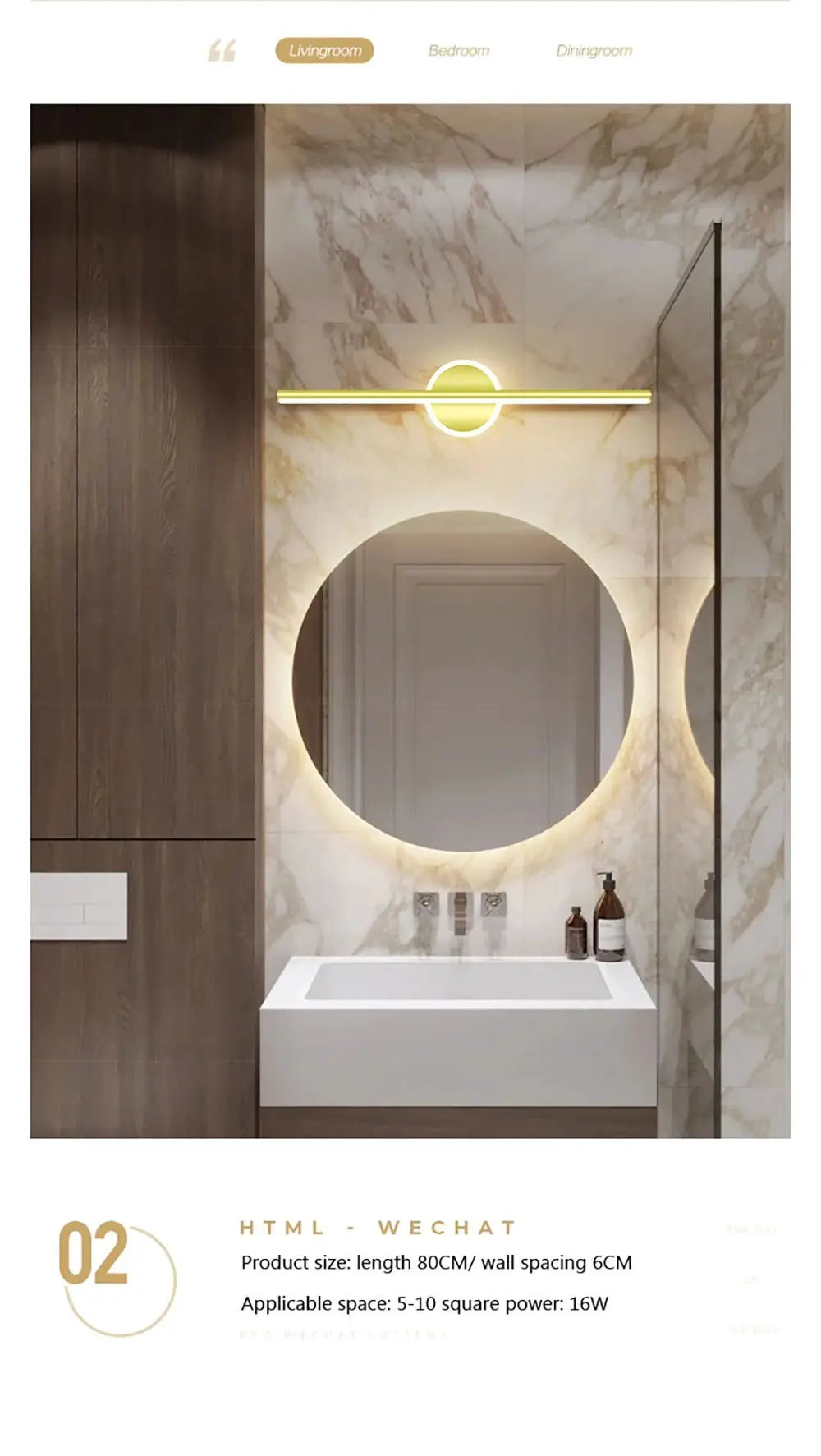 Modern LED wall lamp with circular backlit mirror and gold horizontal strip, by Simples Market