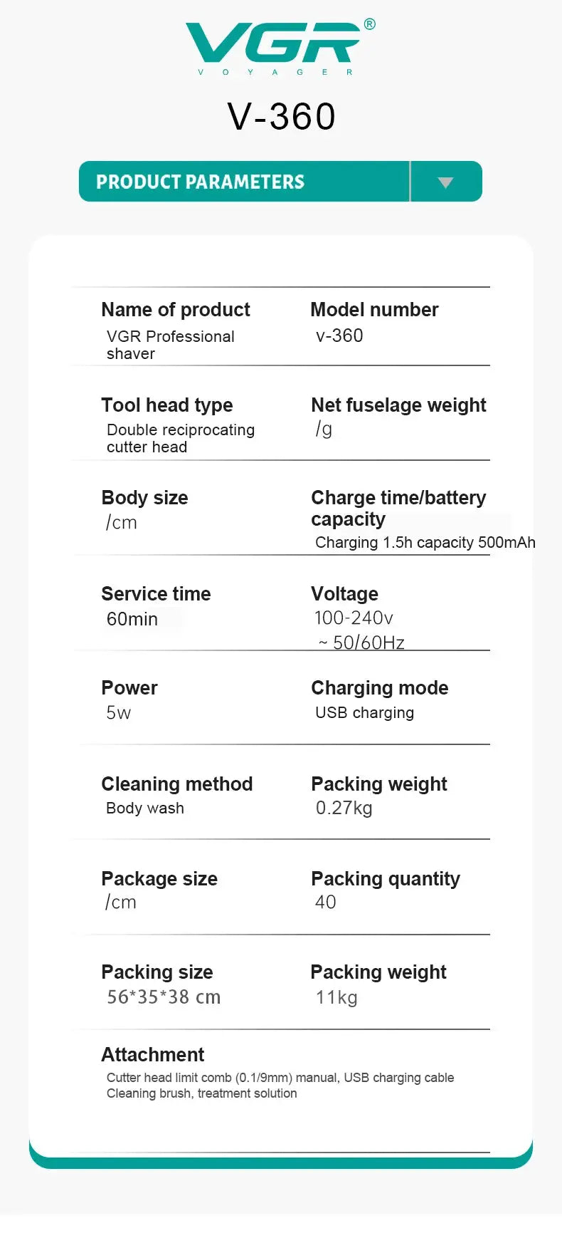 VGR V-360 hair trimmer product parameters sheet with USB charging and body-wash design