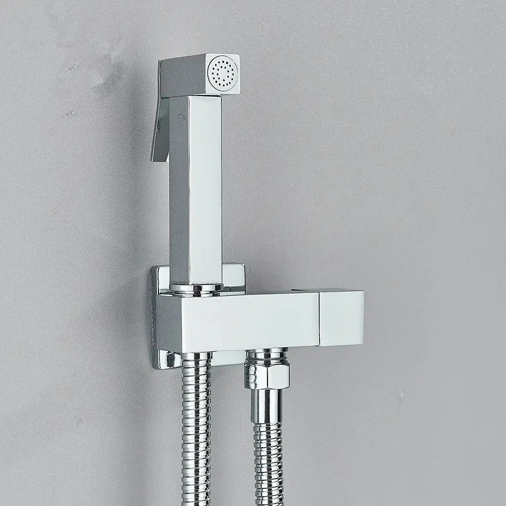 Chrome bathroom bidet faucet with wall-mounted body and handheld spray hose for single cold water.