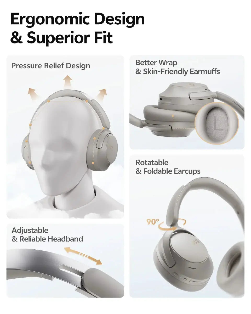 QCY H3S wireless over-ear headphones by Simples Market in gray, with foldable earcups and adjustable headband.