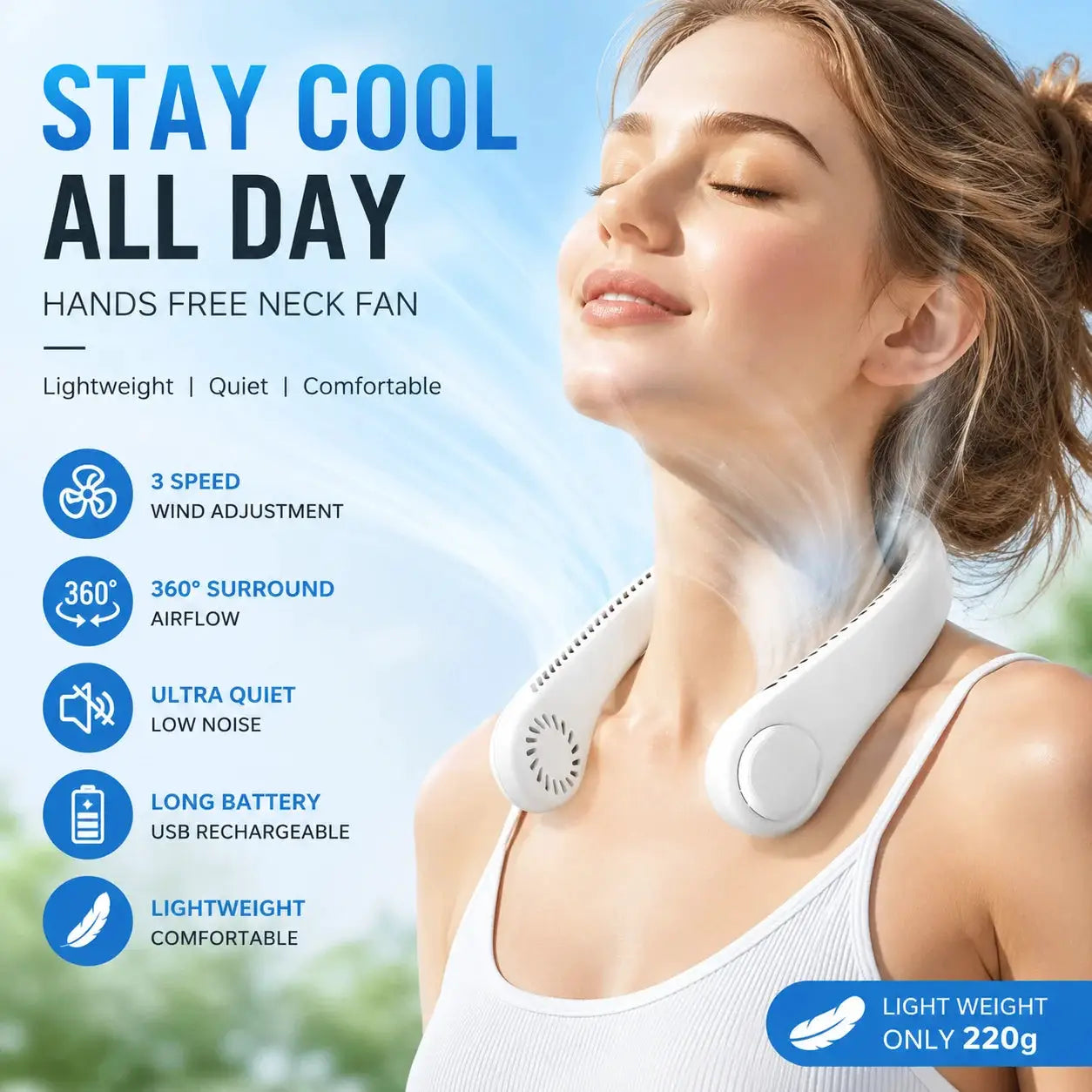 Hands Free Neck Fan by Simples Market, white bladeless wearable cooling fan with 3-speed wind