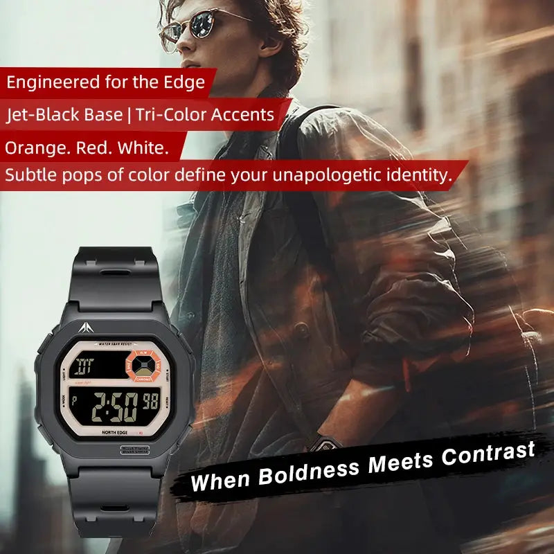 North Edge X1 square-screen digital watch, black/gray, 50M waterproof