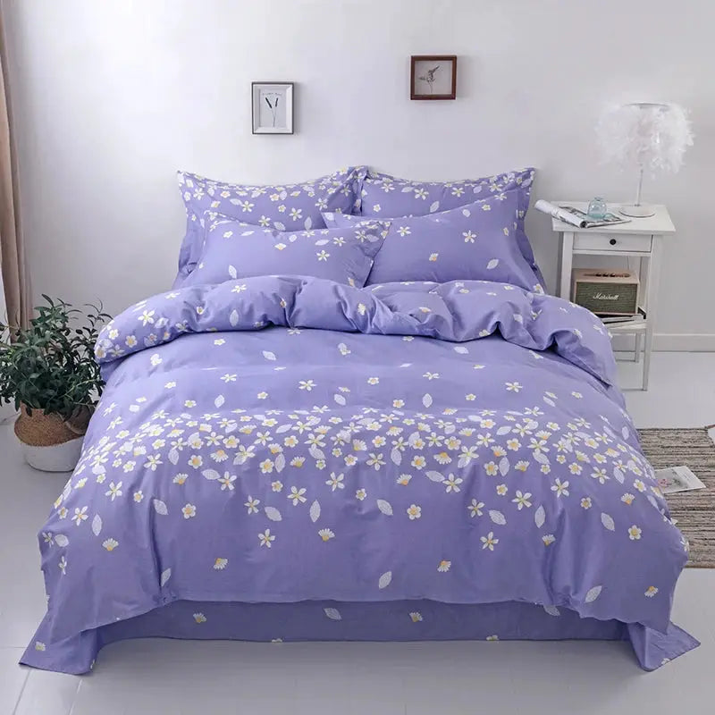 Lavender 3-piece 100% cotton duvet cover set with white daisy print; includes duvet cover and two pillowcases.
