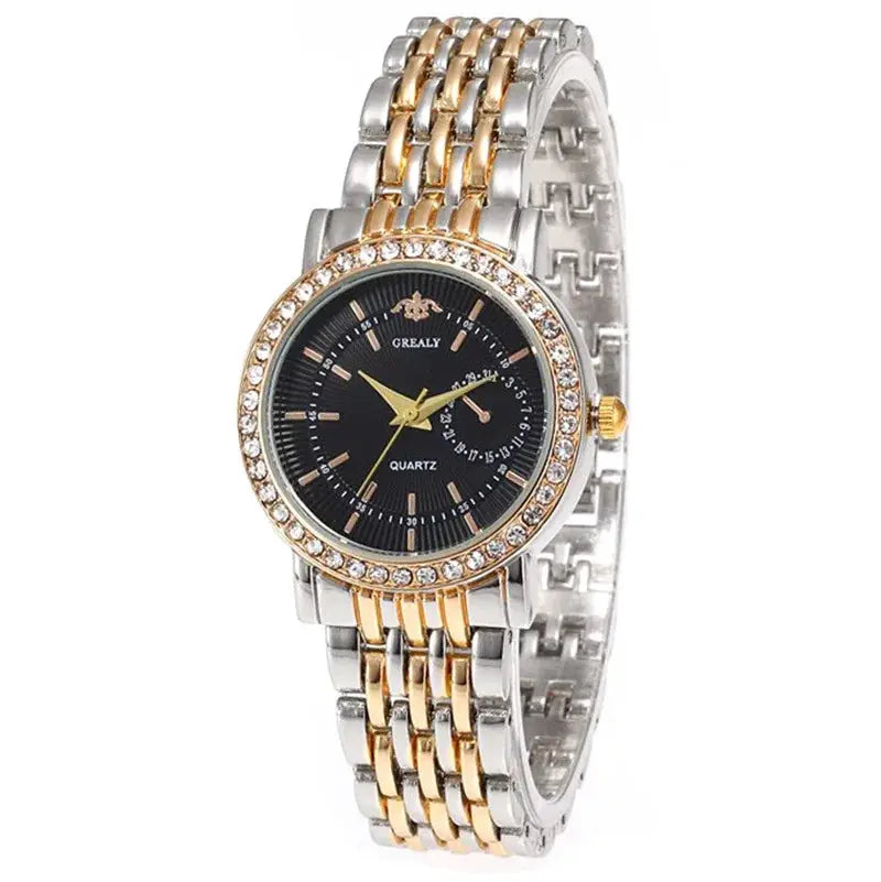 New luxury women's quartz watch with two-tone gold-silver bracelet, black dial and crystal-studded bezel