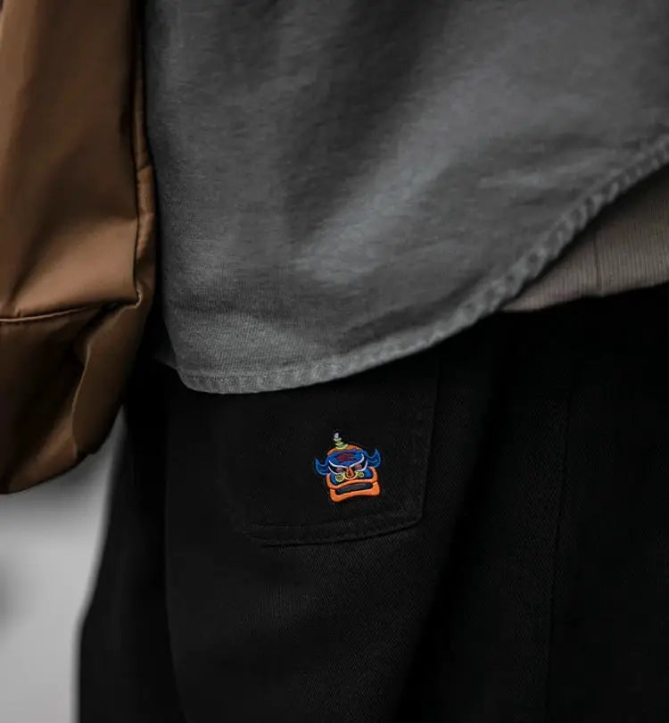Cargo pants Simples Market, black straight-leg with colorful pocket embroidery