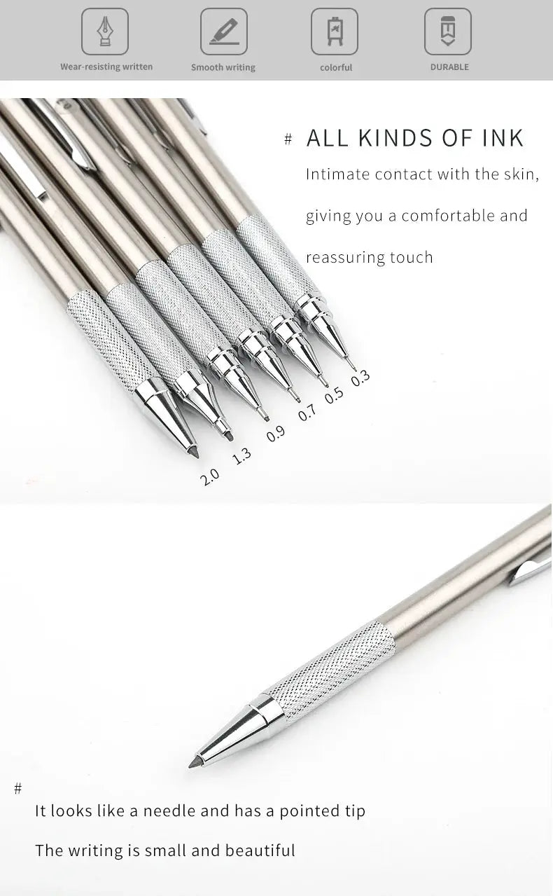 Simples Market mechanical pencil set, full metal bodies, six pencils with 0.3–2.0mm tips in silver knurled grips.
