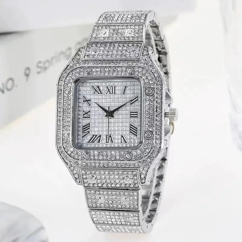 Watch by Simples Market, luxury diamond, silver-tone bracelet with pavé rhinestones and Roman numeral dial