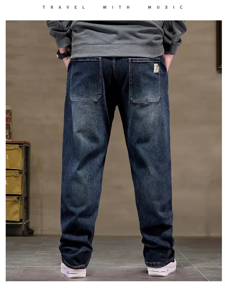 Men's extra big size baggy denim jeans with high elastic waist in classic black, Simples Market