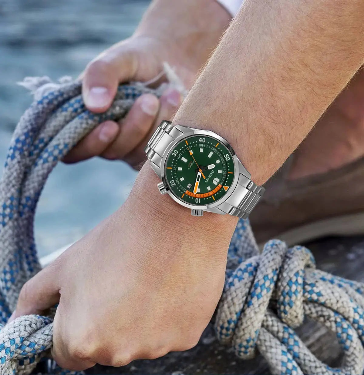 BERNY men's dive watch with green dial and stainless steel bracelet