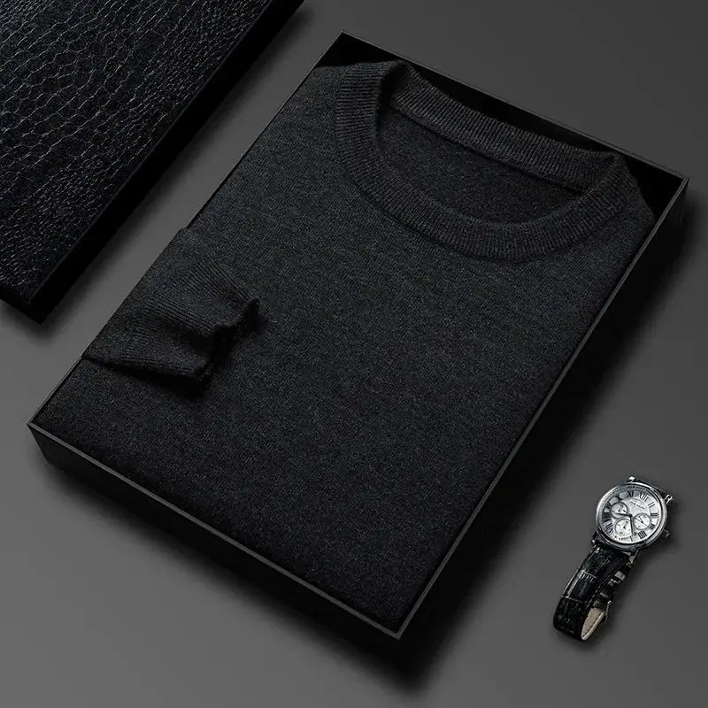 Simples Market men's black knitted sweater in a gift box; round-neck, long-sleeve with watch.