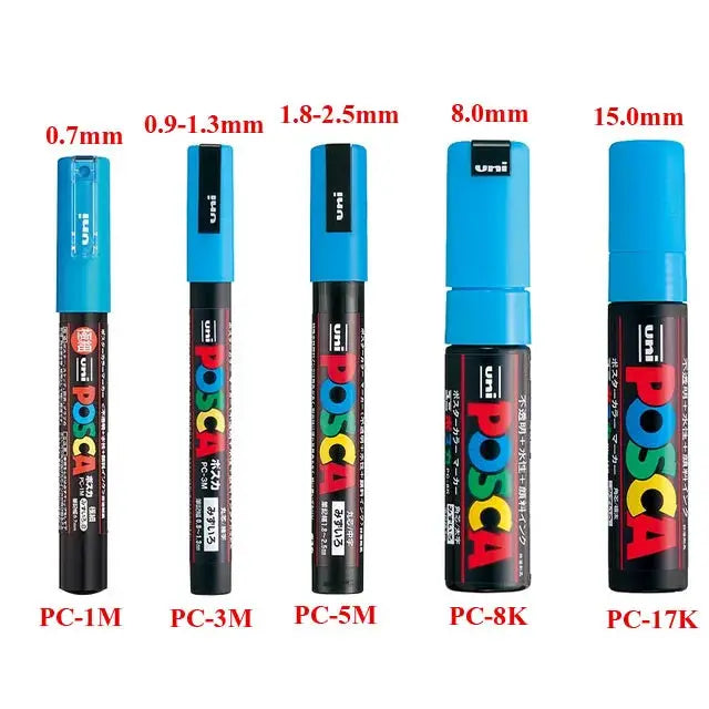 Uni POSCA paint marker pens set of five PC-1M PC-3M PC-5M PC-8K PC-17K with blue caps and original vinyl case