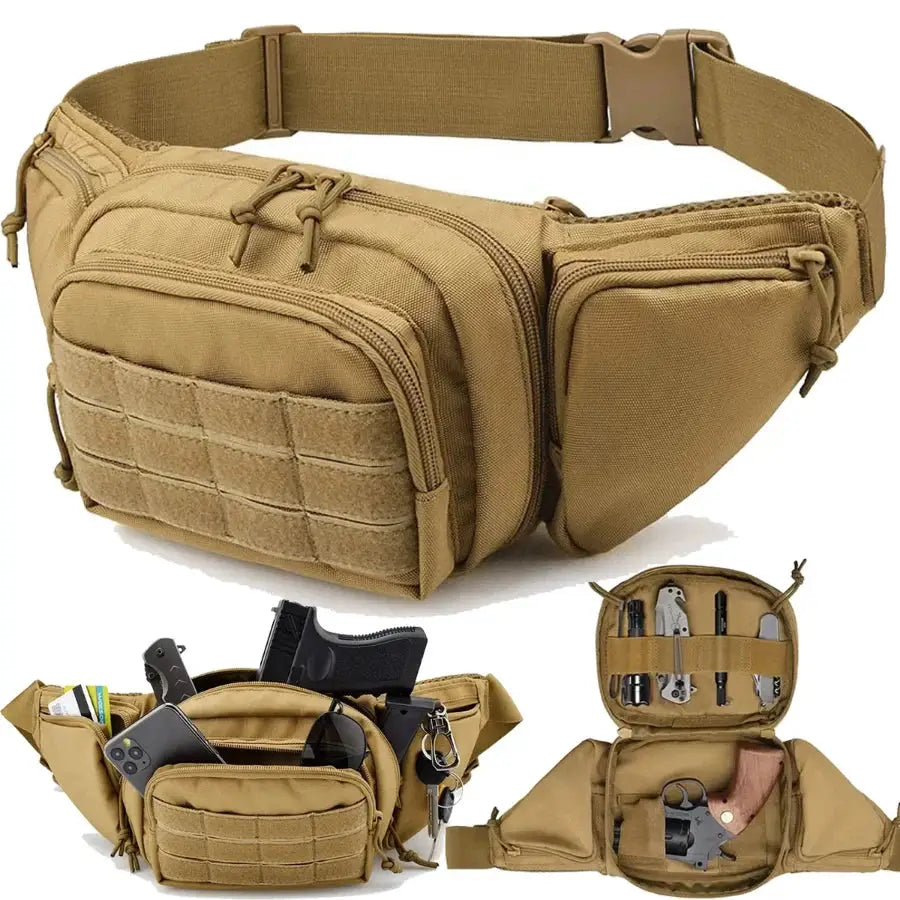 Simples Market tactical waist bag in tan, outdoor hiking belt pack with multiple pockets and MOLLE webbing.
