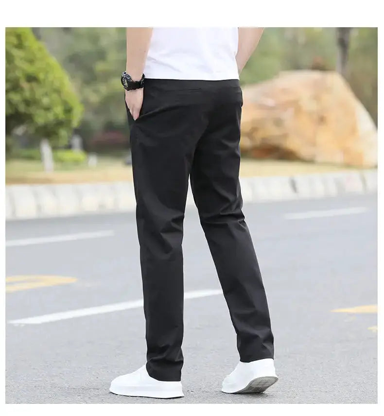 Men's cotton chinos, black breathable straight pants, sizes W28–W40