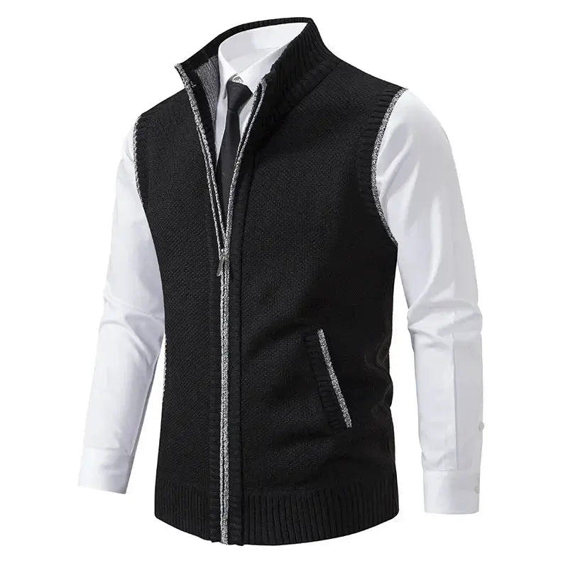 Simples Market men's knitted sleeveless sweater cardigan with zipper, black knit, stand collar, gray trim.