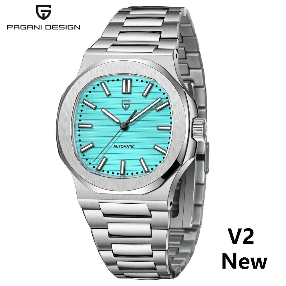 Pagani Design 40mm men's automatic watch with turquoise dial and stainless steel bracelet
