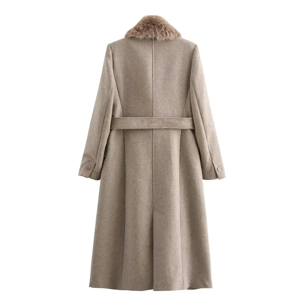 Women Aurora Belted Warm Fur Collar Coat Luxurious Style With Slimming Wide Waist For Autumn And Winter