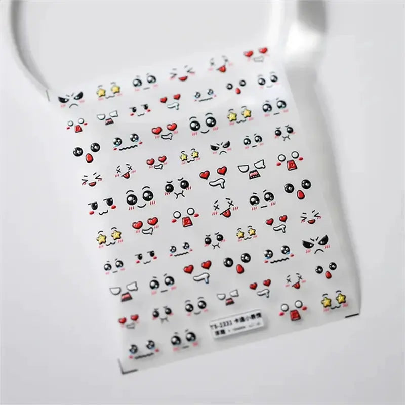 5D Kawaii Jelly Nail Art Stickers sheet with self-adhesive cute emoji faces and hearts, by Simples Market