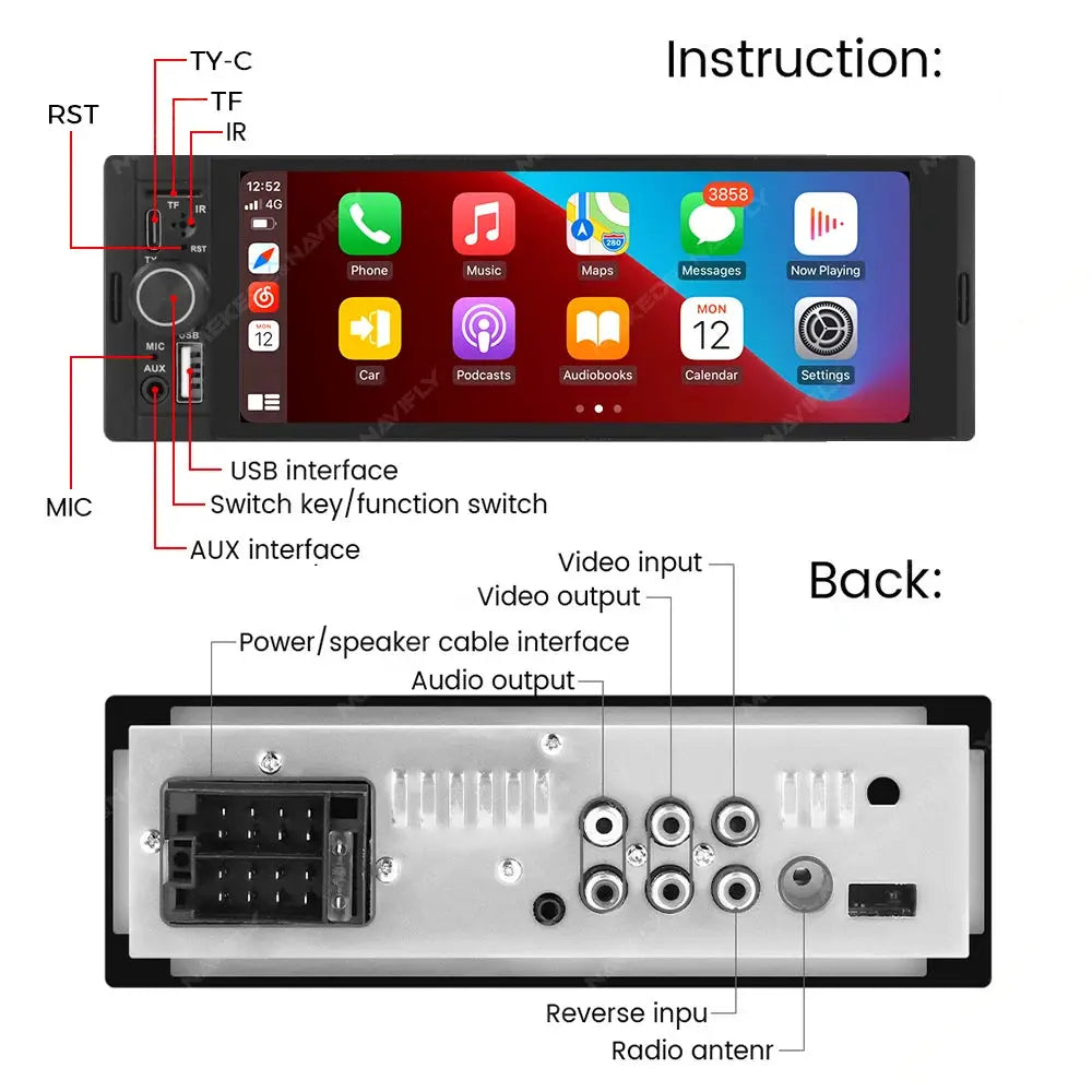 NaviFly OD8 6.86-inch black 1Din MP5 car radio with wireless CarPlay and Android Auto