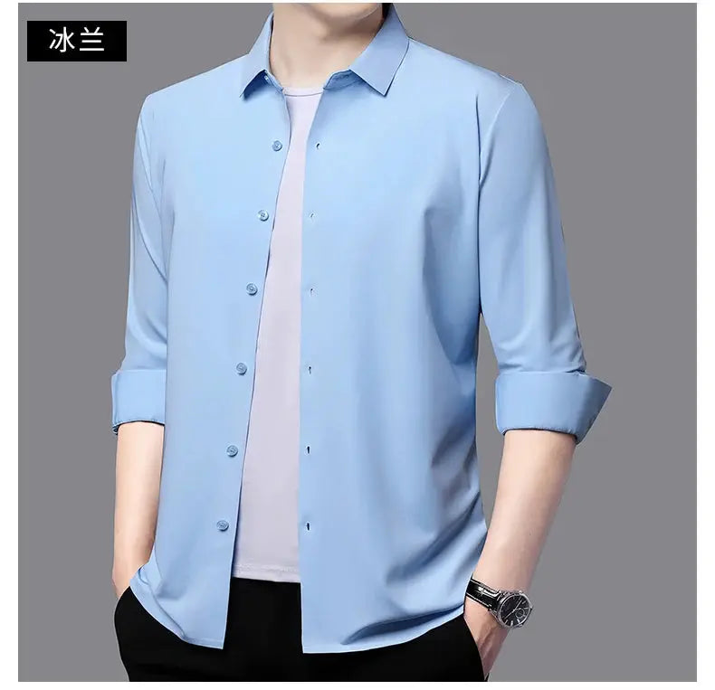 Premium men's ultra-stretch silky long-sleeve shirt in light blue with rolled cuffs by Simples Market