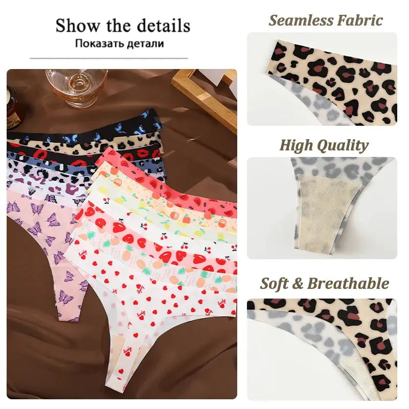 3-pack Simples Market ultra-thin seamless women's thong underwear in assorted leopard and printed designs.