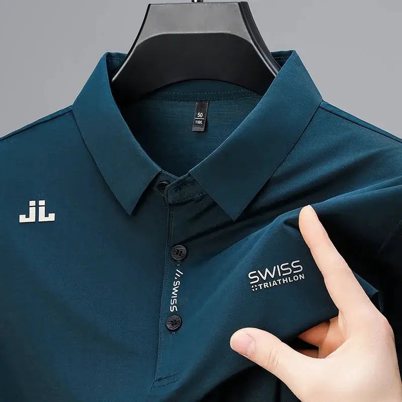 Mens Business Casual Short Sleeve Polo Shirt With Badge Solid Color Breathable Comfortable Versatile Top