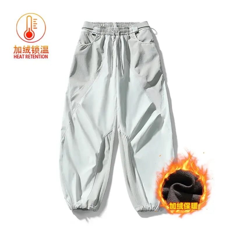 Men's light gray fleece-lined quick-dry cargo pants, ultra-loose wide-leg techwear