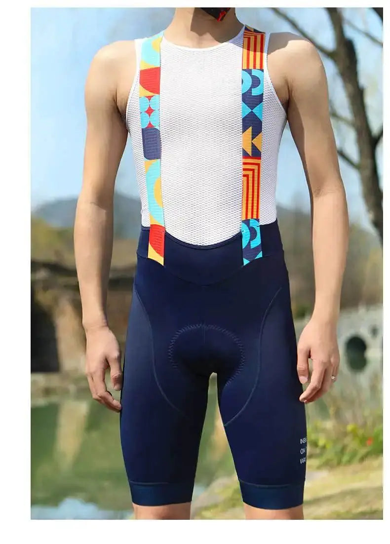 INBIKE men's cycling bib shorts with navy panels and colorful suspenders