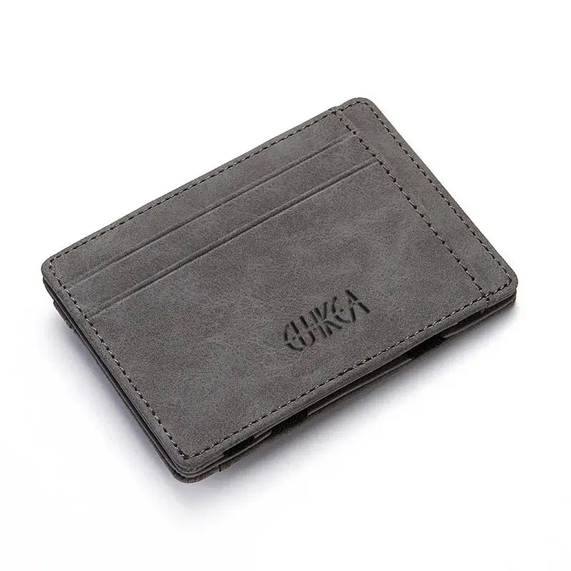 Compact gray PU leather card holder wallet with card slots and stitched edges