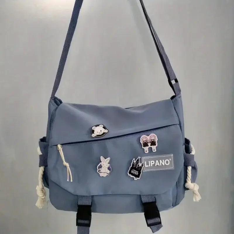 Men's nylon crossbody bag by Simples Market, blue large-capacity messenger with patches