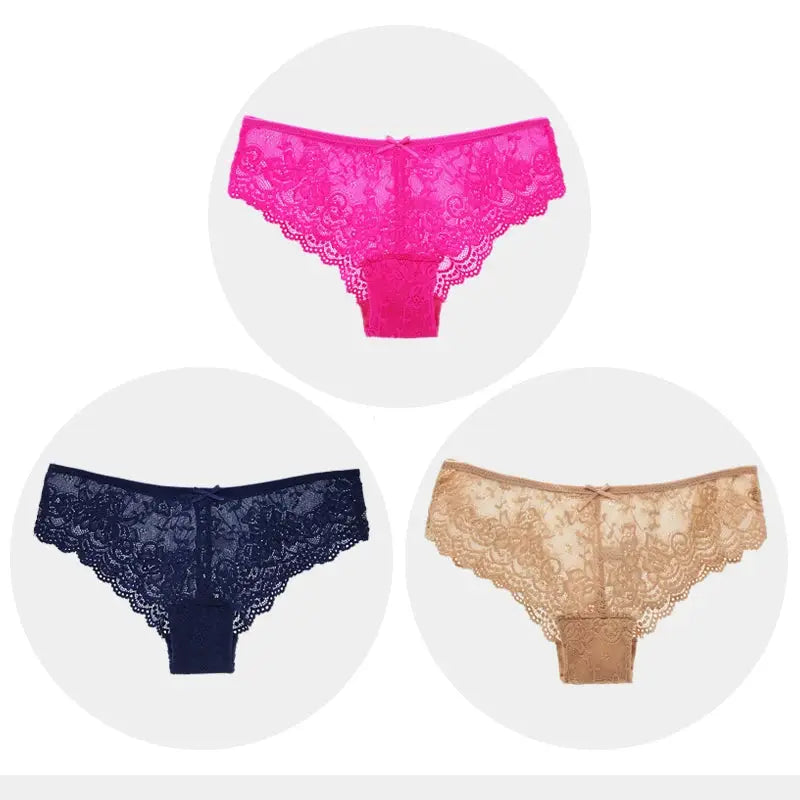 Simples Market women lace panties set, 3pcs in pink, navy and beige, low-rise lace briefs.