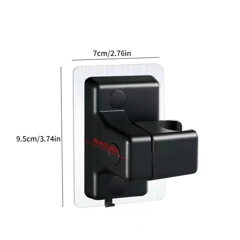 Universal shower head holder, black plastic, wall-mounted with self-adhesive backplate.