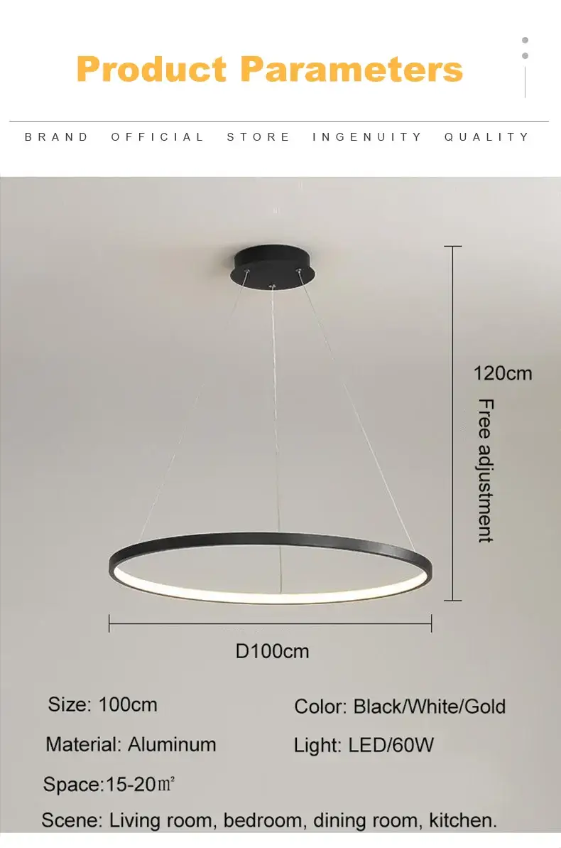 Modern round LED pendant light, black/white/gold aluminum, for living room and kitchen, 100cm diameter, Simples Market