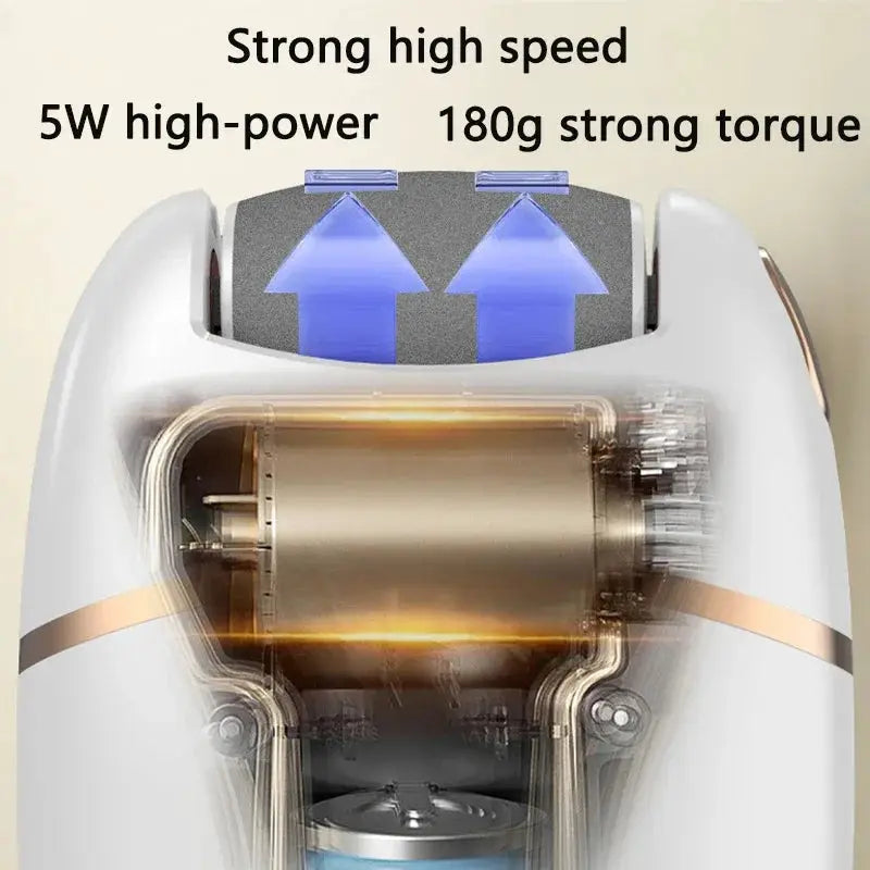 Electric foot grinder by Simples Market, rechargeable white device with two grinding heads of different thicknesses.