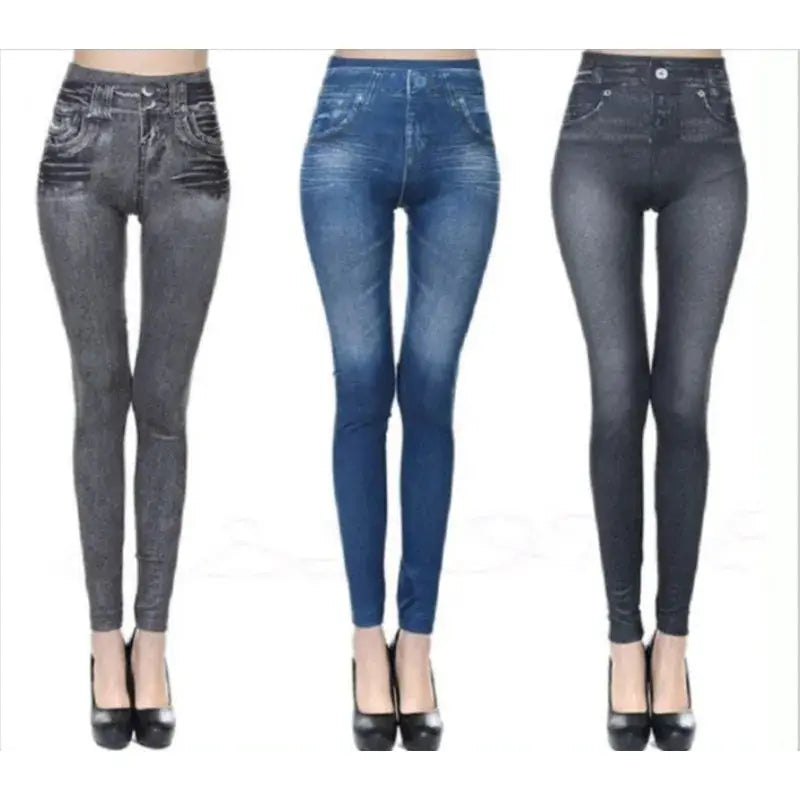 Women's denim-printed high-waist leggings set (3 pairs) in grey, blue and dark wash; slim, elastic fit