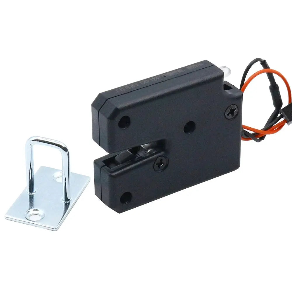 2-piece mini electric cabinet lock with strike plate; black plastic housing and silver metal plate, red and black wires