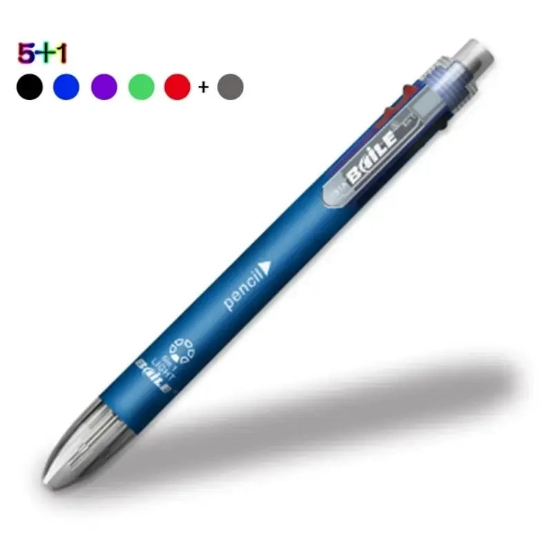 Simples Market 6-in-1 multicolor ballpoint pen set with blue barrel; includes 5 ink colors and automatic pencil