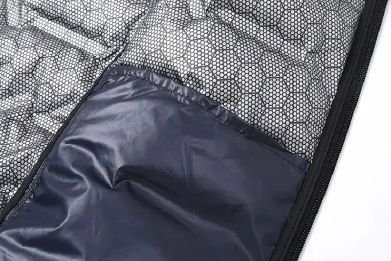 Simples Market men's navy down jacket with hex-pattern inner lining and front zipper.