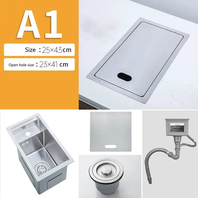 Stainless steel hidden single-bowl kitchen sink set with cover and drain components
