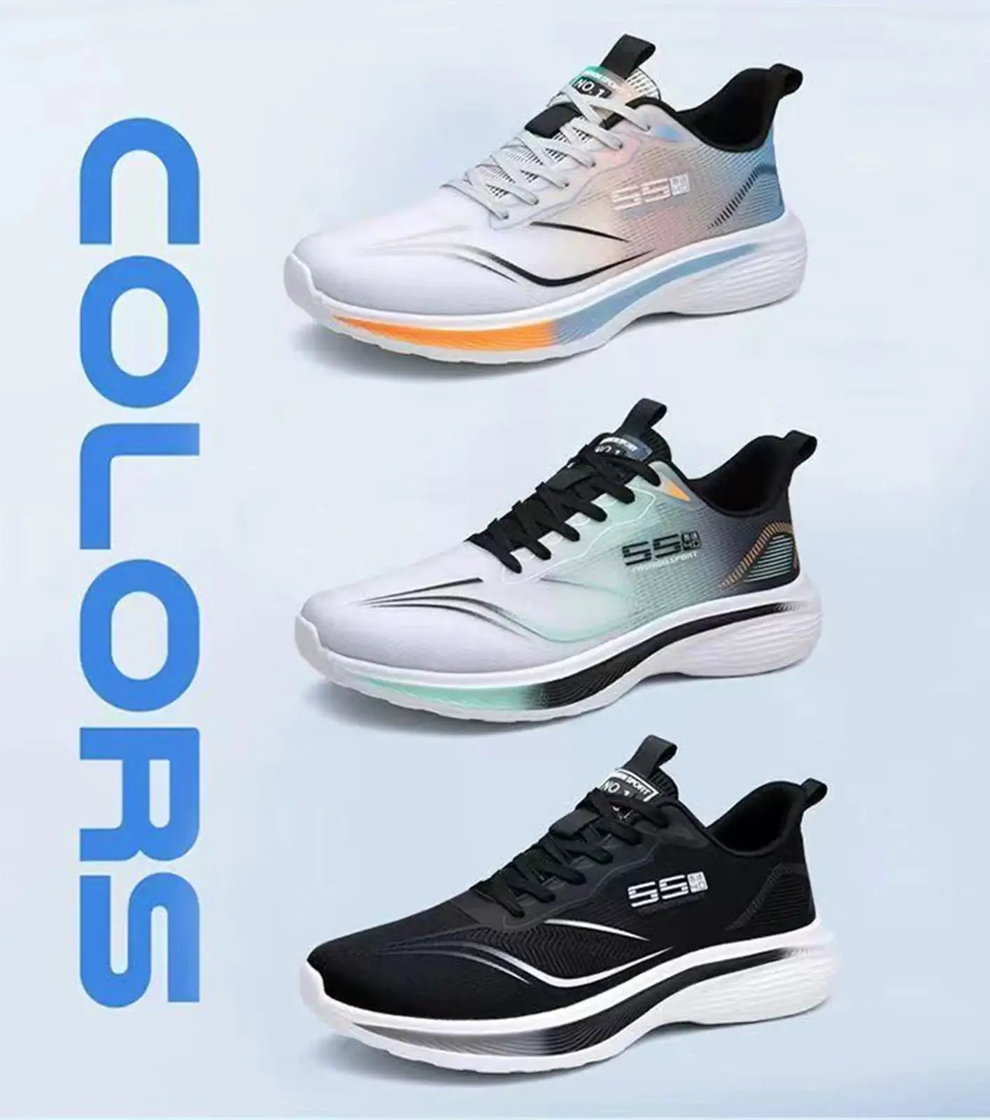 Men's running shoes in three colorways: white/pastel gradient, mint/gray, and black by Simples Market.