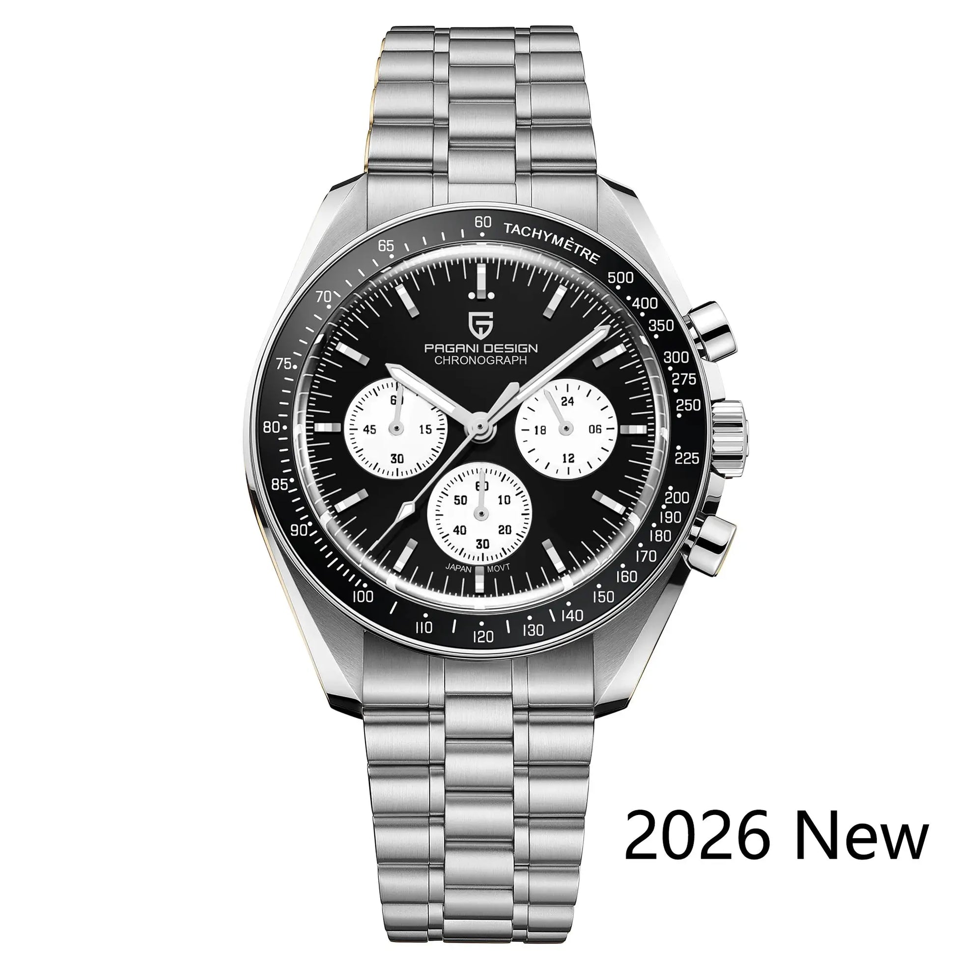 Pagani Design PD1701 men's chronograph watch with stainless steel bracelet, black dial, tachymeter bezel sapphire glass