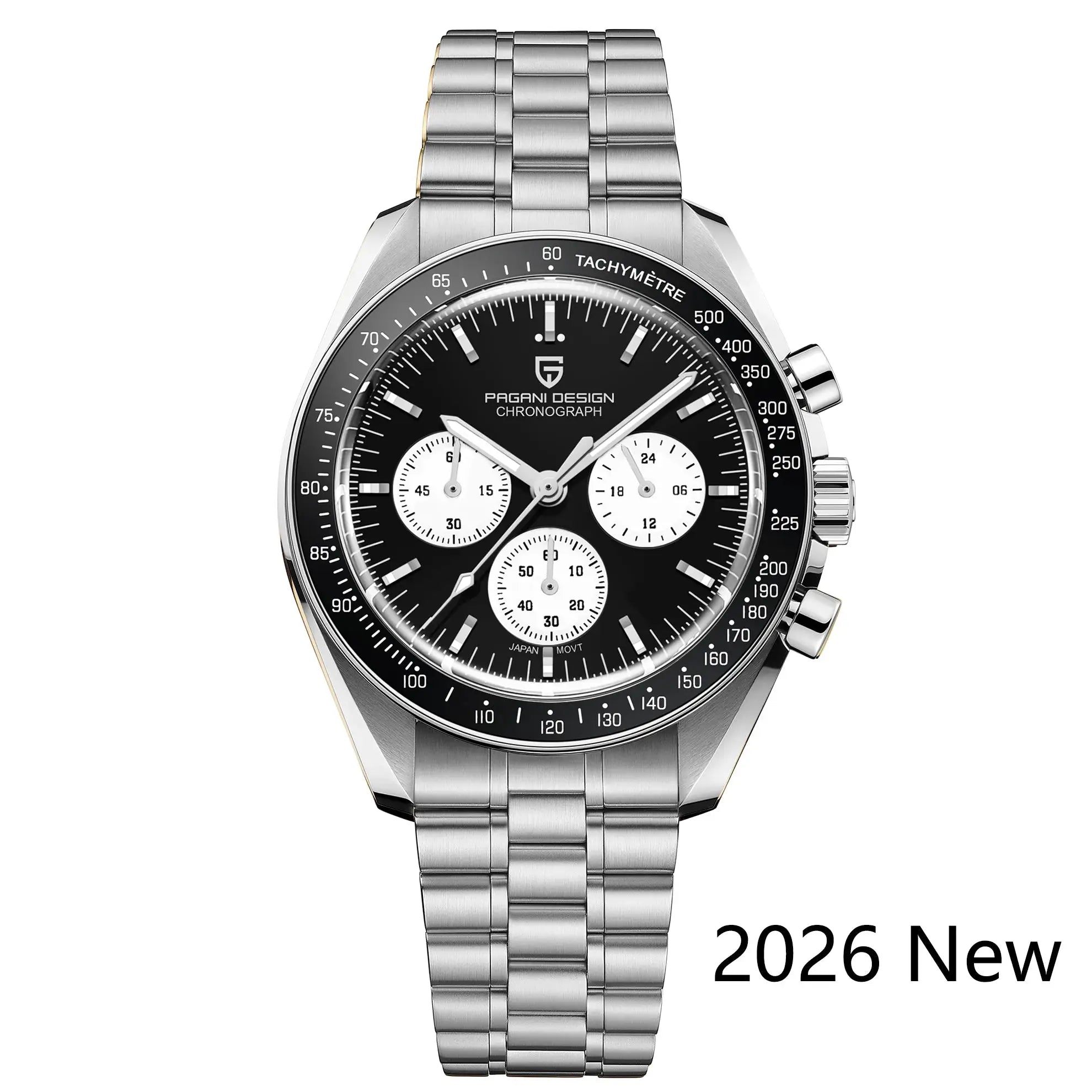 Pagani Design PD1701 men's chronograph watch with stainless steel bracelet, black dial, tachymeter bezel sapphire glass