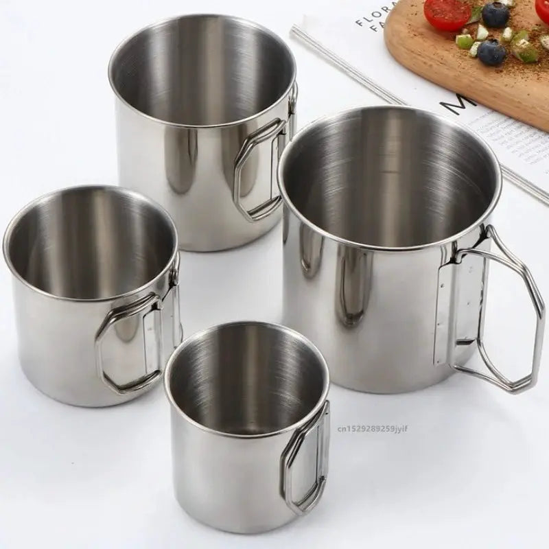 Stainless steel camping cup set with foldable handles; four cups in 250/350/500/700ml
