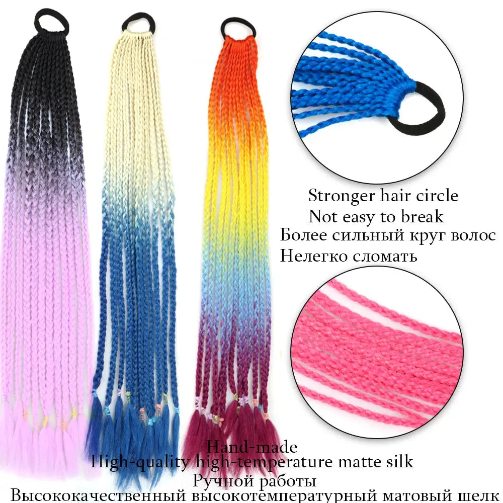Synthetic rainbow gradient braided ponytail extensions, 24 inches, set of 3 with elastic bands