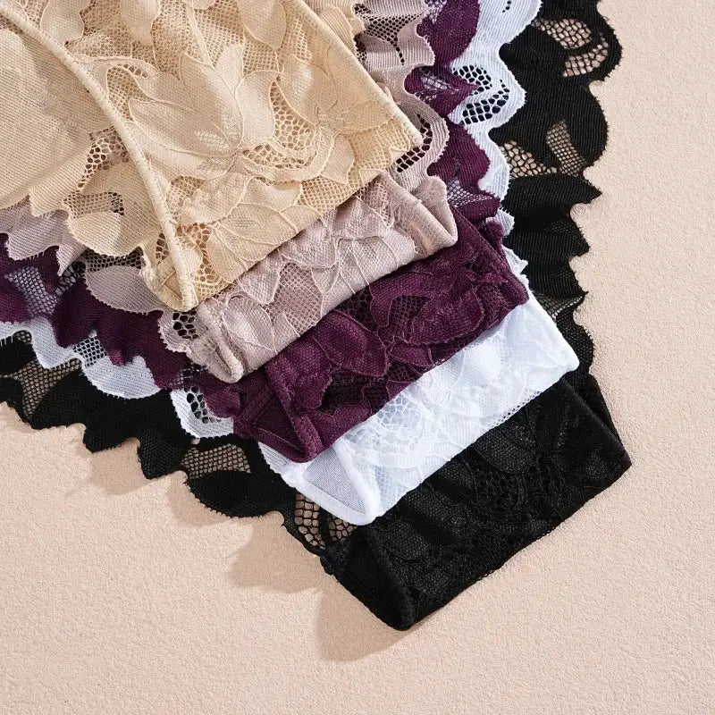 5-pack floral lace panties for women in beige, blush, purple, burgundy, white, and black; low-waist breathable briefs