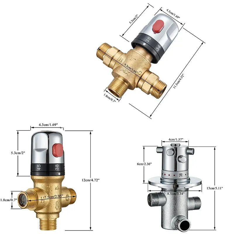 Brass thermostatic mixing valve by Simples Market, shown in three views with chrome knob and red button