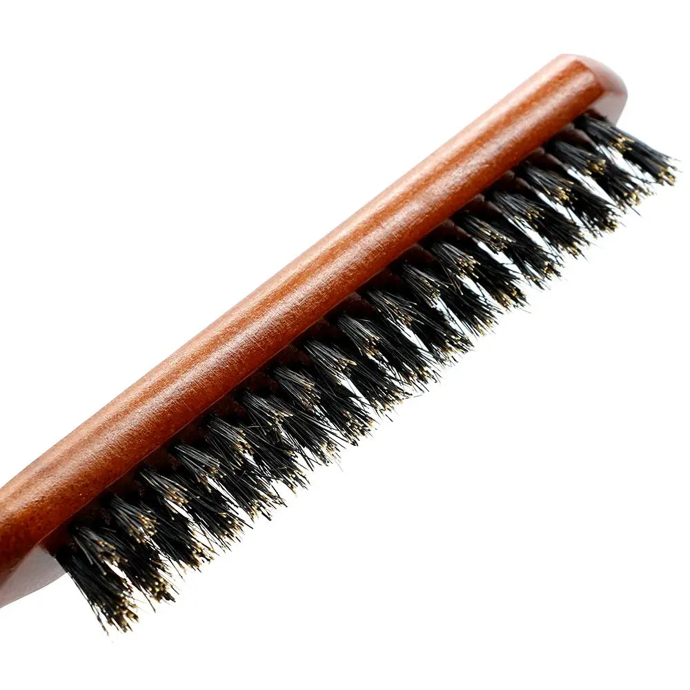 Wooden-handle hair brush with natural boar bristles and anti-static scalp-massage bristles