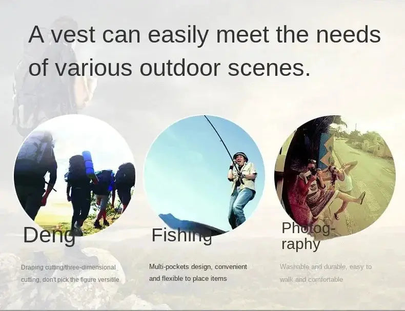 Men's heated outdoor vest promo banner; three circular icons depict hiking, fishing, photography.