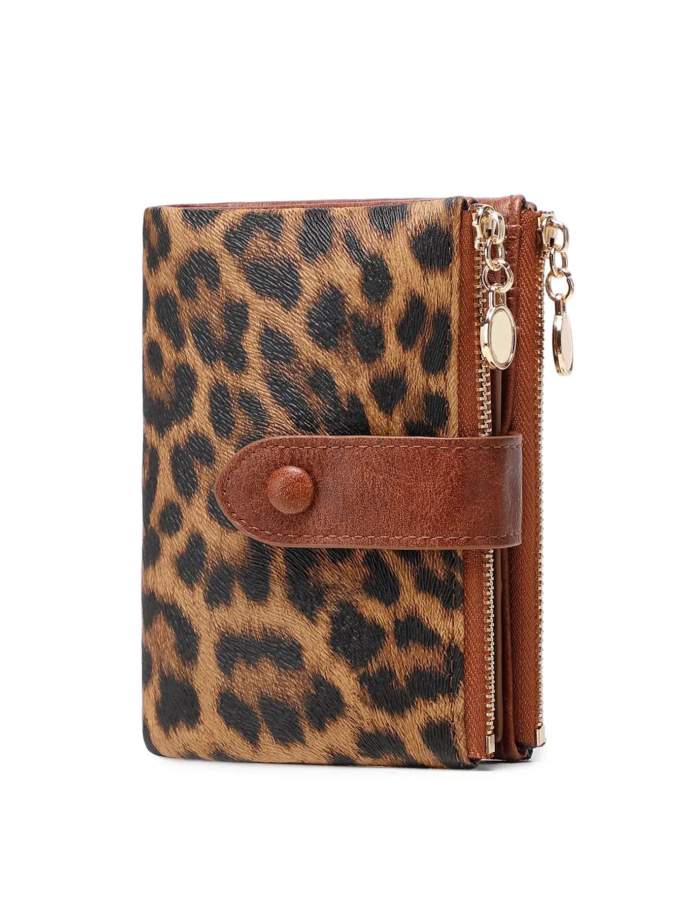 Leopard print minimalist women's wallet with three-layer design, brown leather trim, and gold-tone double zippers